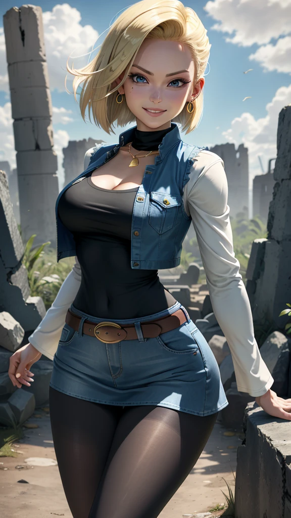 best quality, high-res, and18, 1girl, android 18, solo, blonde hair, blue eyes, belt, blue demin bodycon micro skirt, gold necklace, black shirt, short hair, long sleeves, white striped sleeves, earrings, open vest, blue denim vest, large breasts, cowboy shot, forest, straight-on, (weather: windy), combat stance, full length pantyhose, battle ruins, wide hips, shy smile,