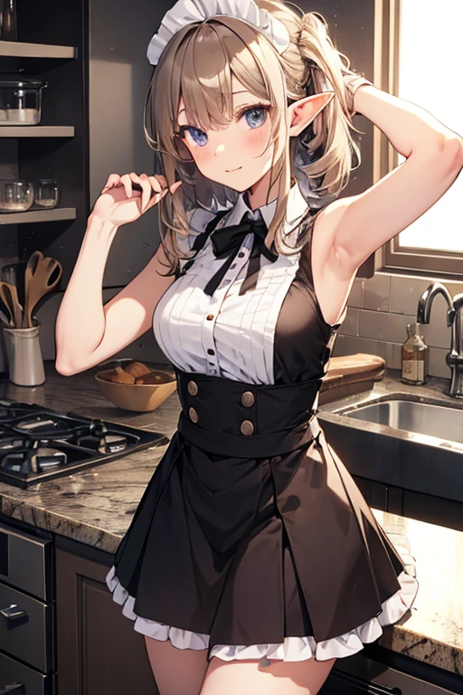 A maid, (in kitchen), various hair styles, night, details face, short skirt, seducing, sleeveless, maid uniform, armpits, elf