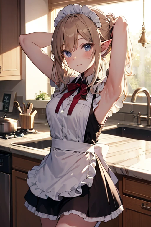 A maid, (in kitchen), various hair styles, night, details face, short skirt, seducing, sleeveless, maid uniform, armpits, elf