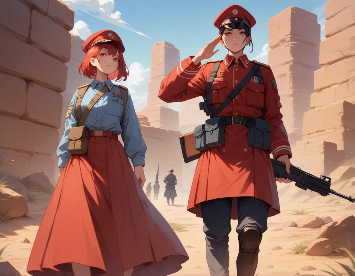 A platoon of girls wearing bright red military uniforms and long red skirts、A pair of a girl platoon leader and a soldier wearing a red military uniform and a red long skirt and equipped with an assault rifle、desert、Most salute