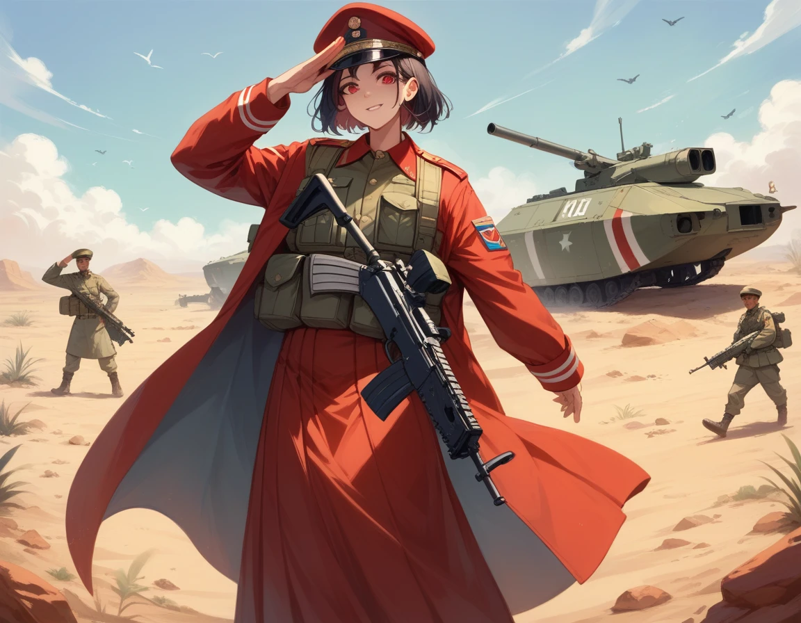A platoon of girls wearing bright red military uniforms and long red skirts、A pair of a girl platoon leader and a  soldier wearing a red military uniform and a red long skirt and equipped with an assault rifle、desert、Most salute