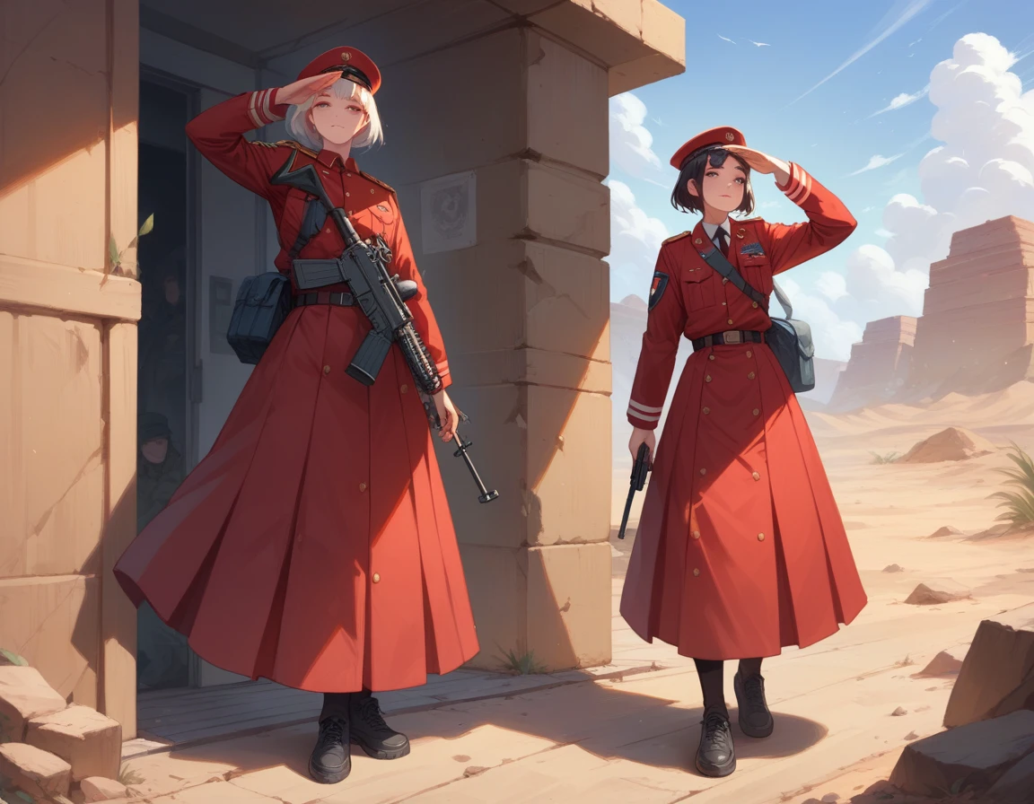 A platoon of girls wearing bright red military uniforms and long red skirts、A pair of a girl platoon leader and a soldier wearing a red military uniform and a red long skirt and equipped with an assault rifle、desert、Most salute