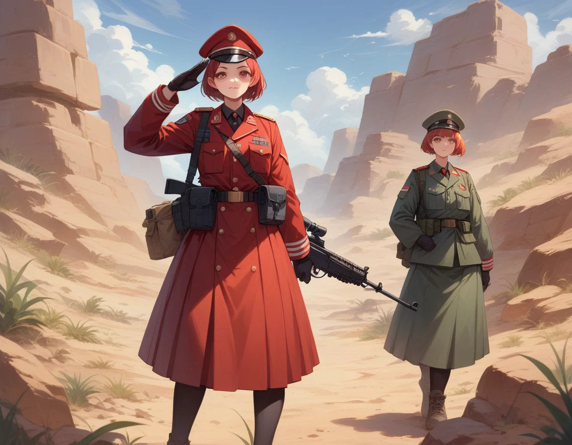 A platoon of girls wearing bright red military uniforms and long red skirts、A pair of a girl platoon leader and a soldier wearing a red military uniform and a red long skirt and equipped with an assault rifle、desert、Most salute