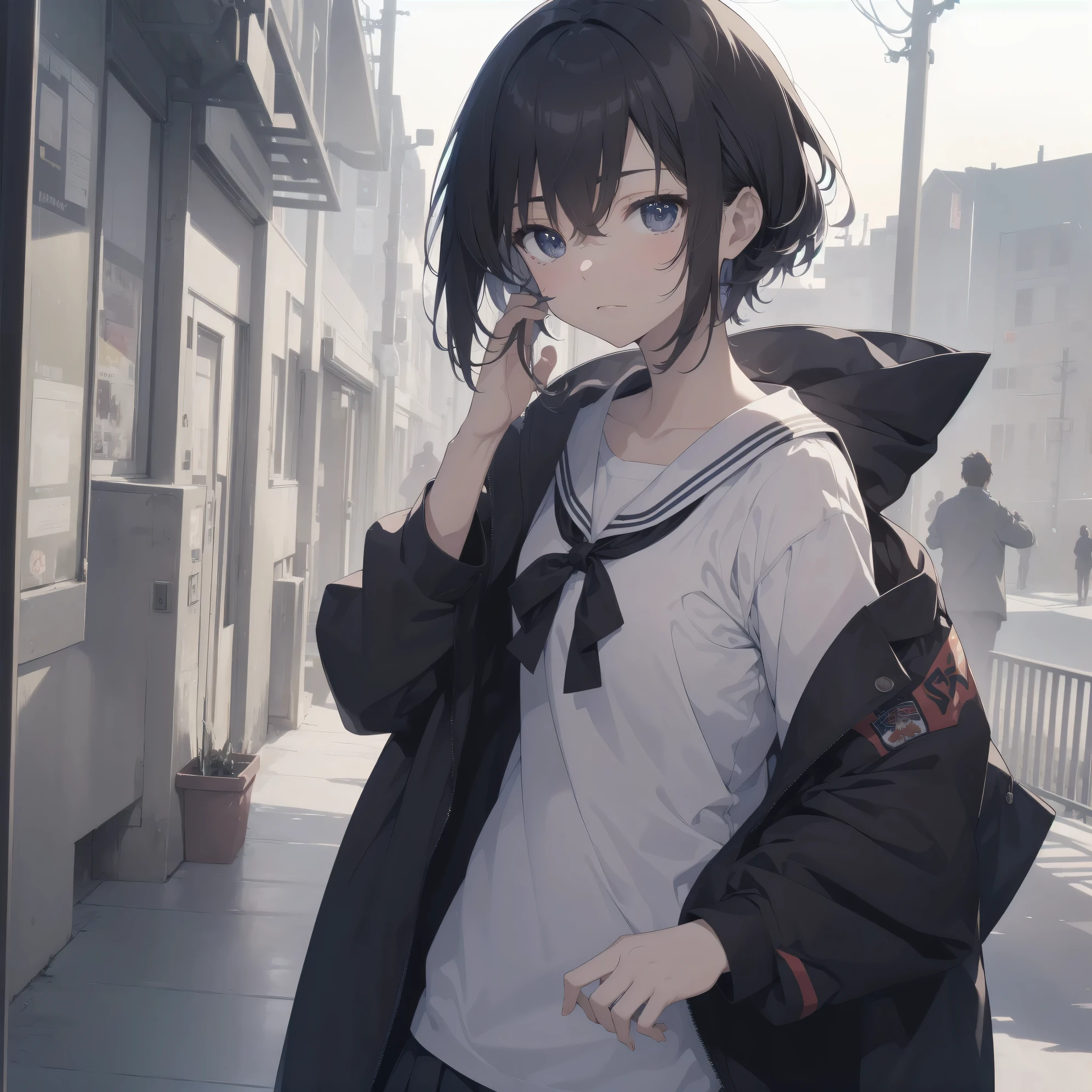 ultra-absurdres-Top quality by artist God, ultra-detailed, high resolution, anime moe artstyle, best anime 8k konachan wallpaper, pixiv contest winner, pool:2810, perfect anatomy,break, 1girl, (Please draw a girl walking sleepily to school alone. )break,(Solo,little female, 13-year-old:1.3),Full limbs, complete fingers,a junior high school student, (very short hair), short cut, flat chest, , small butt, small black eyes, beautiful detailed eyes, well-proportioned iris and pupils, expressive eyes, highres detailed hair, soft expression, salor school_uniform, sailor collar, serahuku, bow, pleated skirt,(Detailed Lighting), (Detailed background), in the School commute route. break,super detailed skin, Best cinematic lighting powered by famous artist, 8k,beauty illustration,photoshop_(medium),very aesthetic,break,((artist:mochi_au_lait )), artist:clamp ,artist:carnelian ,artist:kantoku ,