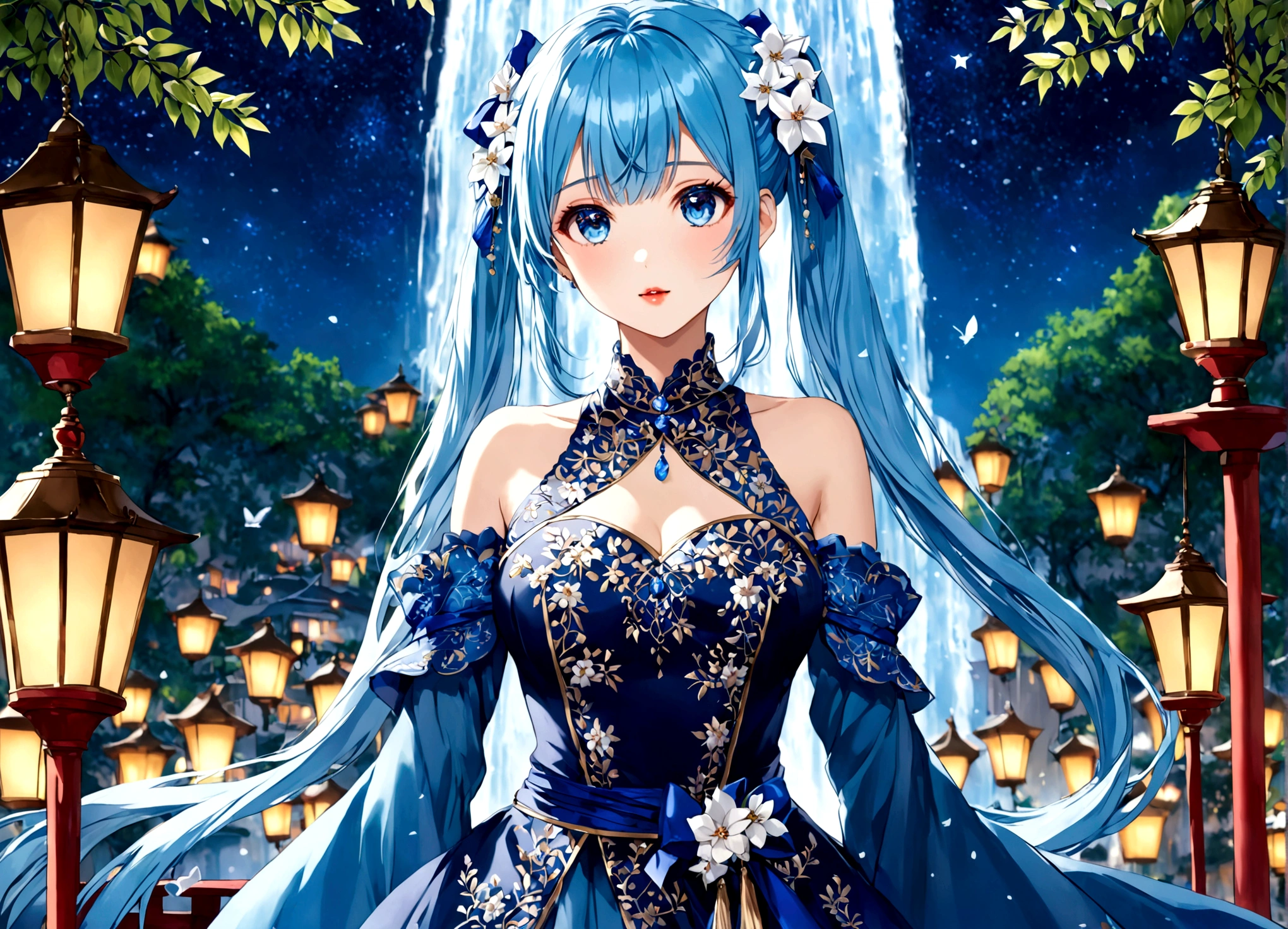 She was wearing a wide-sleeved, double-breasted shirt，White flowers embroidered on the dress，It's like a star in the night sky，There is a blue ribbon tied around the waist，It contrasts sharply with her clothes.，Eye-catching。Her twin ponytails flow like a waterfall，Gently fluttering in the breeze。Her blue eyes are deep and bright，Like the brightest star in the night sky，Reveals a fascinating sense of mystery。Her red lips are so beautiful，It's like a blooming flower，People can't help but want to kiss Fangze。Her face is beautiful，With a faint smile，Gives people a feeling of warmth。 a giant tree, giant tree,(masterpiece:1.2,best quality),(depth of field:1.6),(real picture intricate details),looking at viewer,standing,Portrait Of Stunningly Beautiful Girl,1girl,独奏,(big eyes), Ice Blue hair,short_twintails_Bunches, blue Lace dress,Her temperament is noble and elegant，As if he were a nobleman from a noble family.。Confidence and calm attitude give people an invisible charm。Her figure is slim and graceful，Like a carefully carved work of art。Light and smooth movements，Like a dancer in a dance，Every movement is full of life force and beauty.。