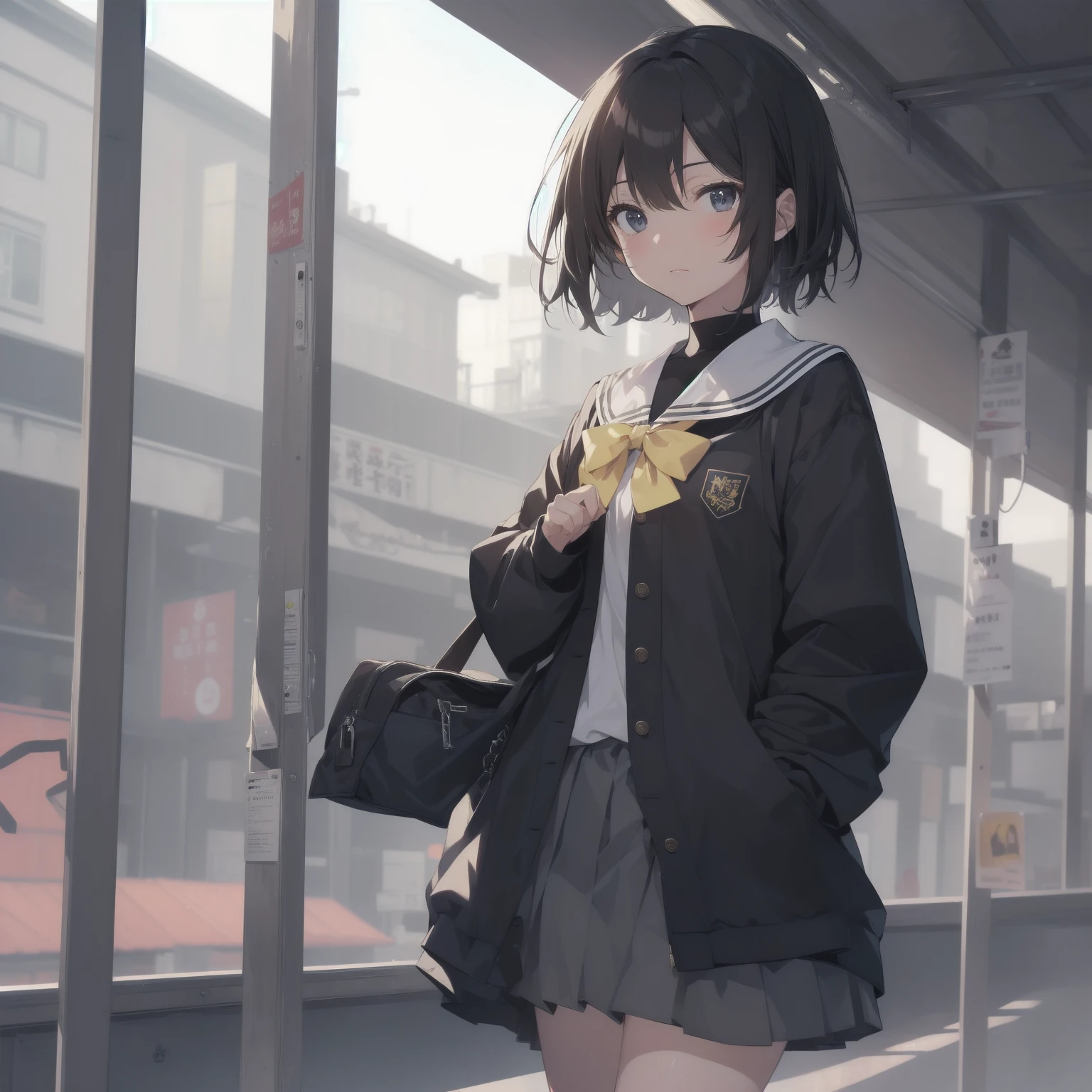 ultra-absurdres-Top quality by artist God, ultra-detailed, high resolution, anime moe artstyle, best anime 8k konachan wallpaper, pixiv contest winner, pool:2810, perfect anatomy,break, 1girl, (Please draw a girl walking sleepily to school alone. )break,(Solo,little female, 13-year-old:1.3),Full limbs, complete fingers,a junior high school student, (very short hair), short cut, flat chest, , small butt, small black eyes, beautiful detailed eyes, well-proportioned iris and pupils, expressive eyes, highres detailed hair, soft expression, salor school_uniform, sailor collar, serahuku, bow, pleated skirt,(Detailed Lighting), (Detailed background), in the School commute route. break,super detailed skin, Best cinematic lighting powered by famous artist, 8k,beauty illustration,photoshop_(medium),very aesthetic,break,((artist:mochi_au_lait )), artist:clamp ,artist:carnelian ,artist:kantoku ,