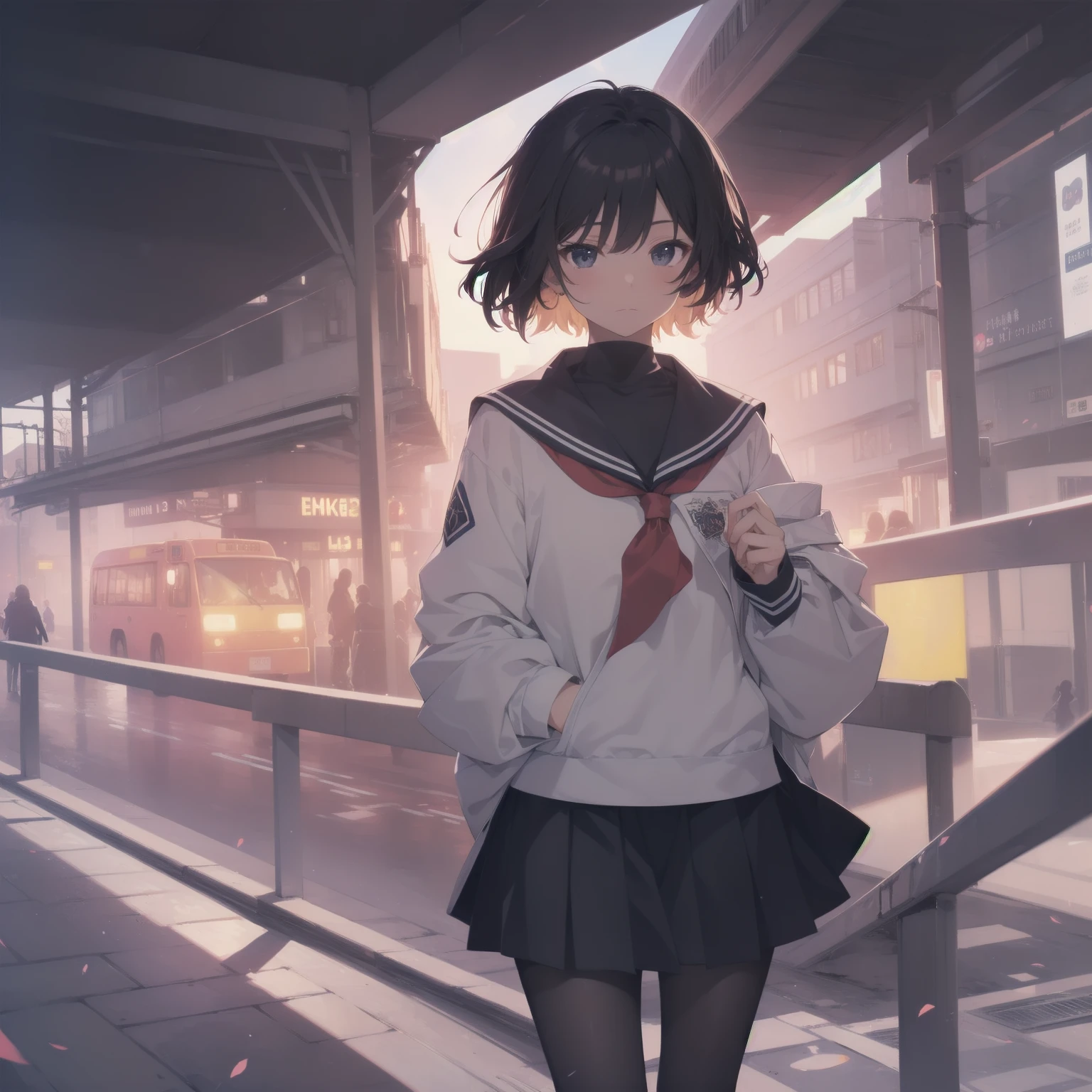 ultra-absurdres-Top quality by artist God, ultra-detailed, high resolution, anime moe artstyle, best anime 8k konachan wallpaper, pixiv contest winner, pool:2810, perfect anatomy,break, 1girl, (Please draw a girl walking sleepily to school alone. )break,(Solo,little female, 13-year-old:1.3),Full limbs, complete fingers,a junior high school student, (very short hair), short cut, flat chest, , small butt, small black eyes, beautiful detailed eyes, well-proportioned iris and pupils, expressive eyes, highres detailed hair, soft expression, salor school_uniform, sailor collar, serahuku, bow, pleated skirt,(Detailed Lighting), (Detailed background), in the School commute route. break,super detailed skin, Best cinematic lighting powered by famous artist, 8k,beauty illustration,photoshop_(medium),very aesthetic,break,((artist:mochi_au_lait )), artist:clamp ,artist:carnelian ,artist:kantoku ,