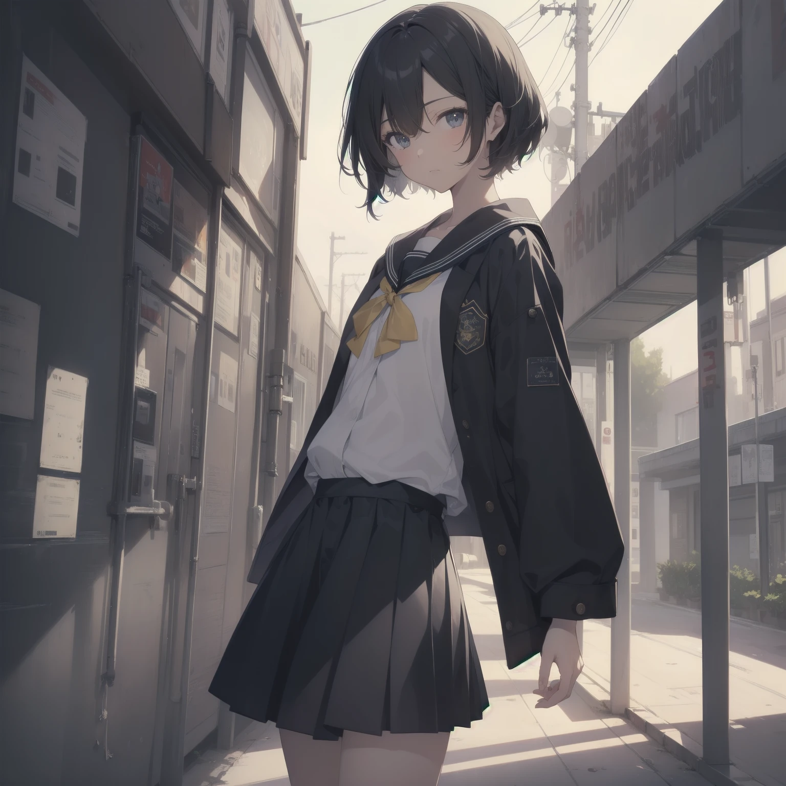 ultra-absurdres-Top quality by artist God, ultra-detailed, high resolution, anime moe artstyle, best anime 8k konachan wallpaper, pixiv contest winner, pool:2810, perfect anatomy,break, 1girl, (Please draw a girl walking sleepily to school alone. )break,(Solo,little female, 13-year-old:1.3),Full limbs, complete fingers,a junior high school student, (very short hair), short cut, flat chest, , small butt, small black eyes, beautiful detailed eyes, well-proportioned iris and pupils, expressive eyes, highres detailed hair, soft expression, salor school_uniform, sailor collar, serahuku, bow, pleated skirt,(Detailed Lighting), (Detailed background), in the School commute route. break,super detailed skin, Best cinematic lighting powered by famous artist, 8k,beauty illustration,photoshop_(medium),very aesthetic,break,((artist:mochi_au_lait )), artist:clamp ,artist:carnelian ,artist:kantoku ,