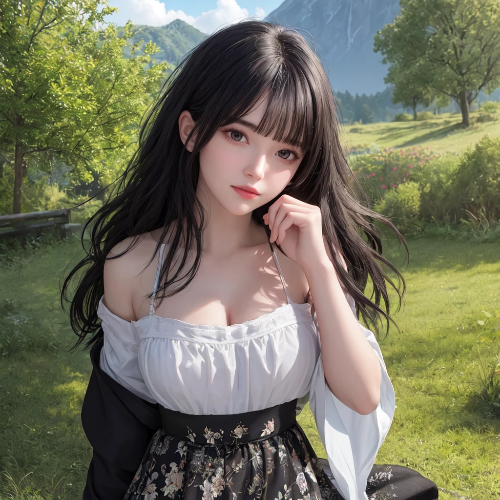 (best quality), masterpiece, Extremely detailed CG8K painting, high color, Extremely high color saturation, All colors are deepened, central composition, Extremely detailed light and shadow, The face and eyes are very detailed, medium length hair, sportswear, colorful clouds，beautiful nature，landscape，short black hair，white spaghetti strap dress，Black coat，Black skirt，，Large Breasts