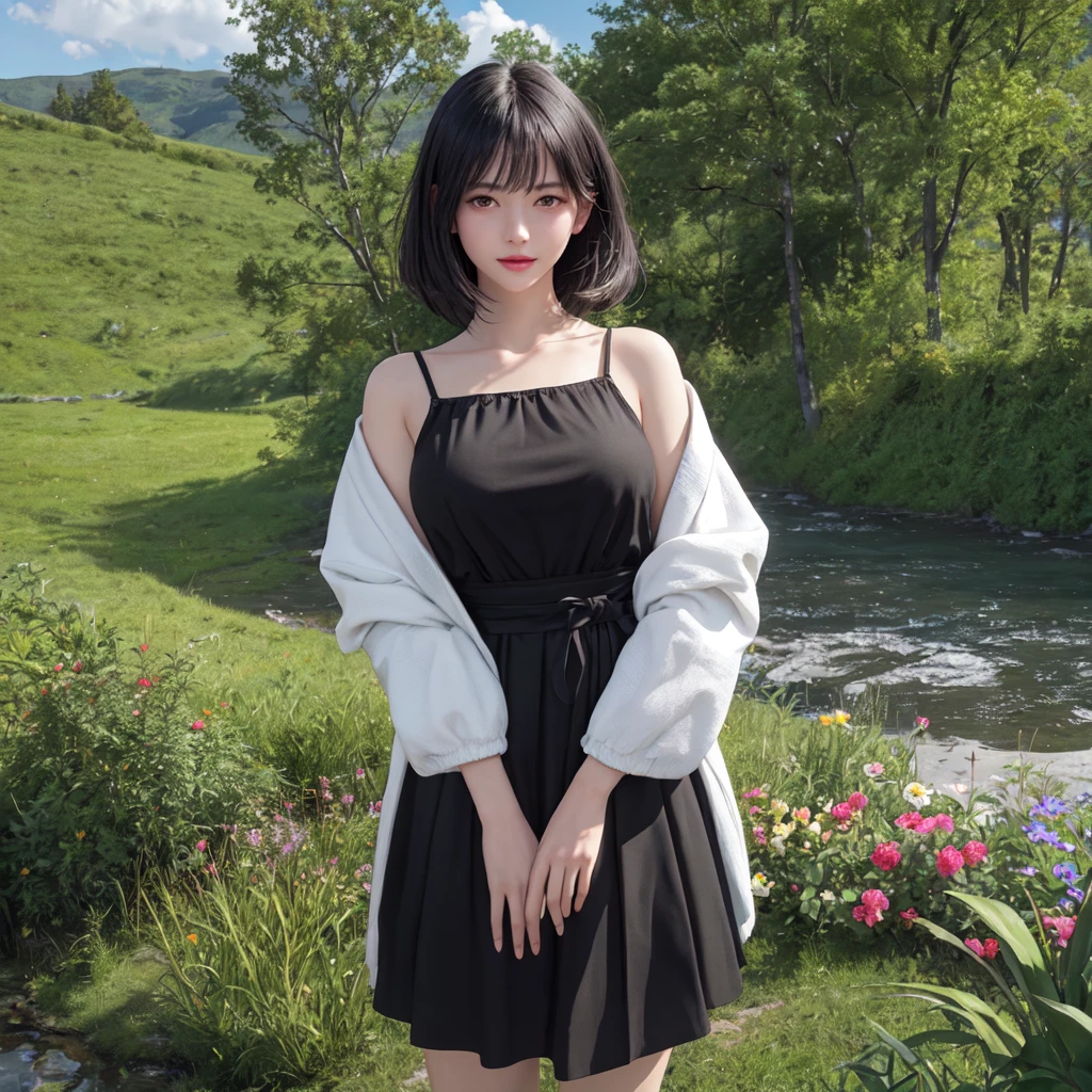 (best quality), masterpiece, Extremely detailed CG8K painting, high color, Extremely high color saturation, All colors are deepened, central composition, Extremely detailed light and shadow, The face and eyes are very detailed, medium length hair, sportswear, colorful clouds,beautiful nature,landscape,short black hair,white spaghetti strap dress,Black coat,Black skirt,,Large Breasts