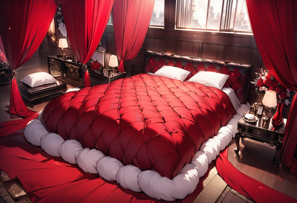 Fluffy red silk duvet、Lots of giant silk pillows、Luxurious fluffy red silk bed
