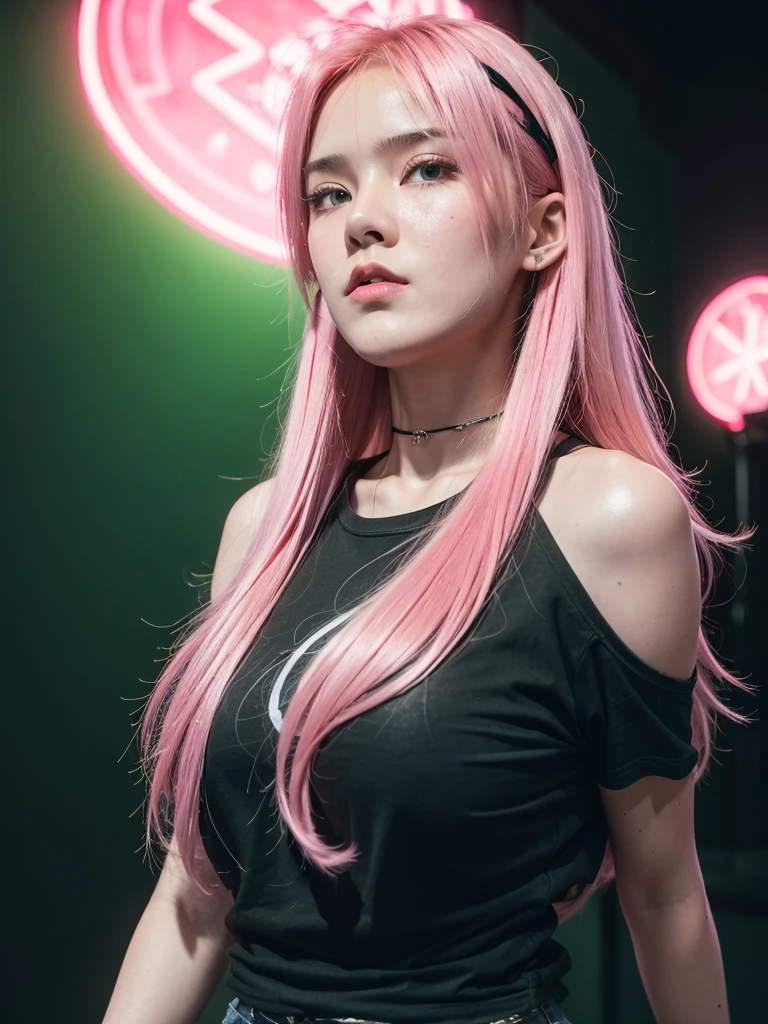 21yo girl,pink hair,long hair, wearing black t-shirt, green neon light,black background, natural big breast, show big thigh, plump body,single sidelock hairpin blush modern cinematic lighting,ray tracing,drop shadow wide shot UHD,textured skin,high details,best quality 4K