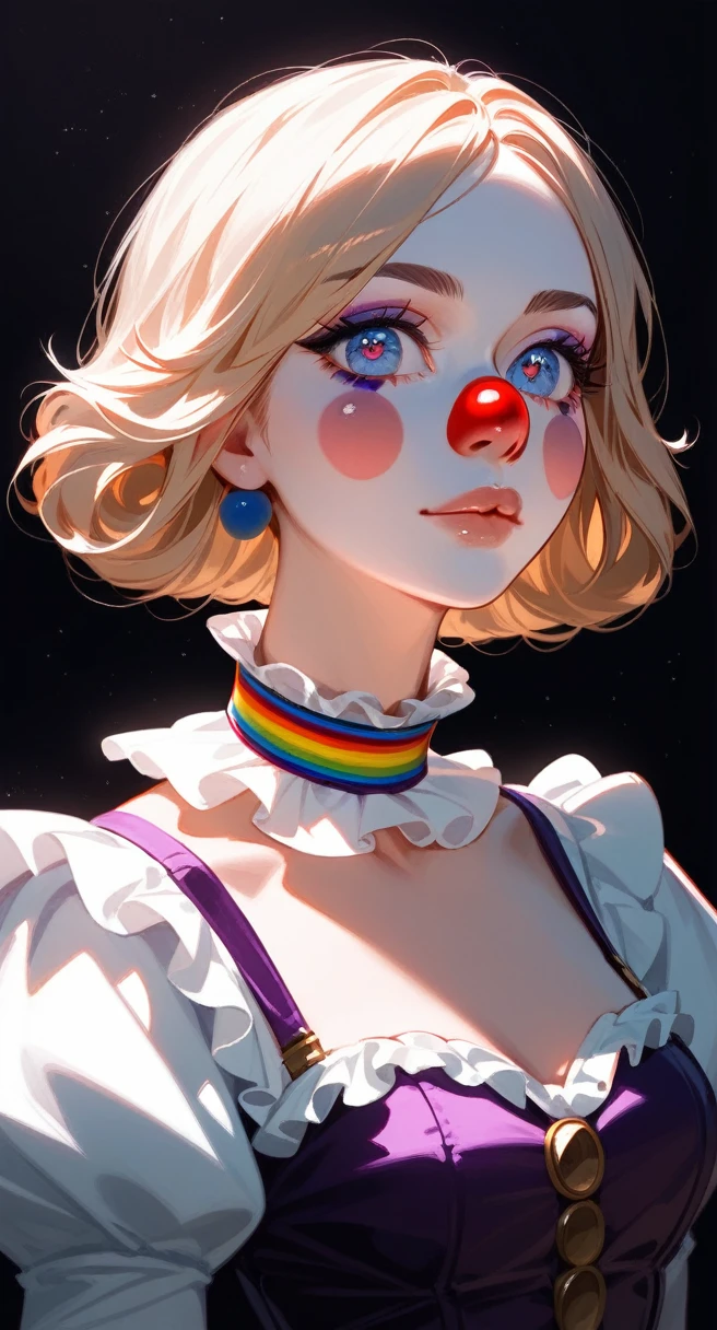 a beautiful anime girl clown in a dark room, gorgeous detailed face, mesmerizing eyes, lush eyelashes, delicate lips, round cheeks, whimsical expression, colorful clown makeup, ruffled collar, puffed sleeves, opulent gown, luxurious fabrics, tattered edges, moody lighting, dramatic shadows, dark mysterious atmosphere, intricate details, hyper-realistic, 8k, photorealistic, cinematic lighting, award winning digital art