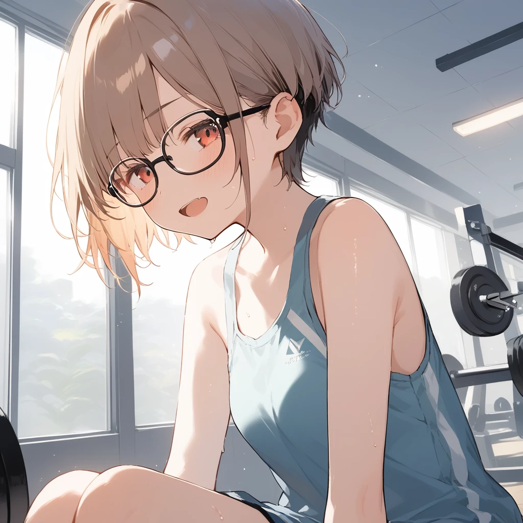 score_9, score_8_up, score_7_up, source_anime, best quality, masterpiece, official art, absurdres, highres, ultra-detailed,waifu2x,Collection: Slice of Life,break,1girl, very short hair,pixie cut, long bangs, glasses, uniform, small breasts, sweat, open mouth, (wavy mouth:0.3), indoors, gym, sit, summer, break,(clear line illustration:1.2),very high resolution, very aesthetic, super detailed skin, Best sexual lighting powered by famous artist, 8k,cute picture,beauty illustration,photoshop_(medium),,(Detailed Lighting),best anime 8k konachan wallpaper, pixiv contest winner, 