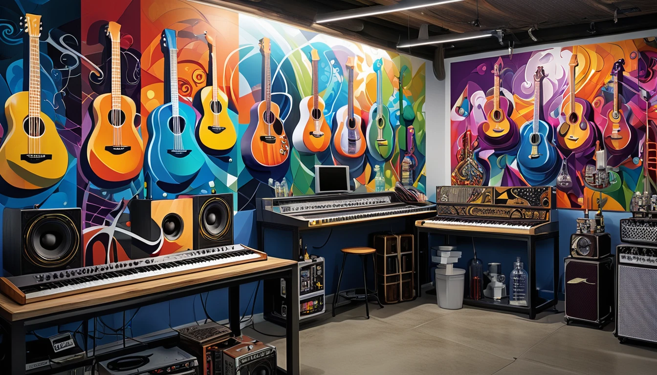 Masterpiece; Guitars and drums in a small science lab(((several science bottles around the room))); (guitars and musical keyboards inside science bottles) World map on the wall. sciencie complete with speakers and glass flasks of chemistry, embody the resilience and tenacity of the scientific community, infused with a bold graphic allure that enlivens the spirit of science. The design penetrates layers of depth, integrating the raw essence and vibrant cores of Rio de Janeiro culture.portrait of a beautiful woman on the wall. Brushstrokes that incorporate the fluid energy of graffiti on guitars and acoustic guitars weave around dynamic geometric shapes, adorning the laboratories with an evocative masterpiece that speaks to the heart of the intersection between two diverse worlds. Majestically rendered in high definition and vibrant color, every detail bursts with life, inviting viewers to marvel at the beauty that; by Salvador Dali