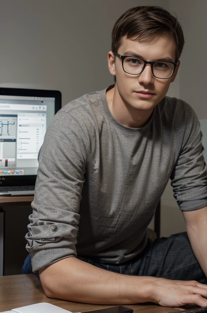 boy , Lithuanian,27 years , IT specialist , there are many computers with graphs in the background,model,short haircut , average build,rectangular glasses with gray frames on the face,asymmetrical facial features,sitting with a macbook ,casual clothing,brown-haired,Realism,жпик Realism,A living person,a real man