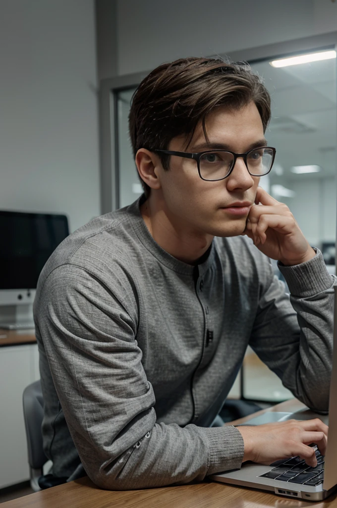 boy , Lithuanian,27 years , IT specialist , there are many computers with graphs in the background,model,short haircut , average build,rectangular glasses with gray frames on the face,asymmetrical facial features,sitting with a macbook ,casual clothing,brown-haired,Realism,жпик Realism,A living person,a real man