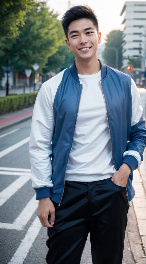 Masterpiece, best quality best, ung man, Asian man, East Asian people, one person, The muscles are in good proportion., Posing obscenely, short hair details， white teeth, jacket set, road background, Realistic style，photography，Can be seen from the front, see viewers