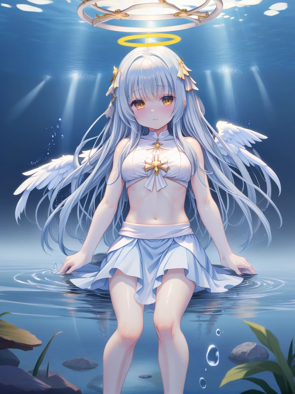 partially underwater, lakeの女神, Long Hair, Wet Hair,lake,8-year-old、Flat Chest、skirt、Above the water line from the neck、Body in water, ,浮力でskirtがめくれる、Angel Halo、No text