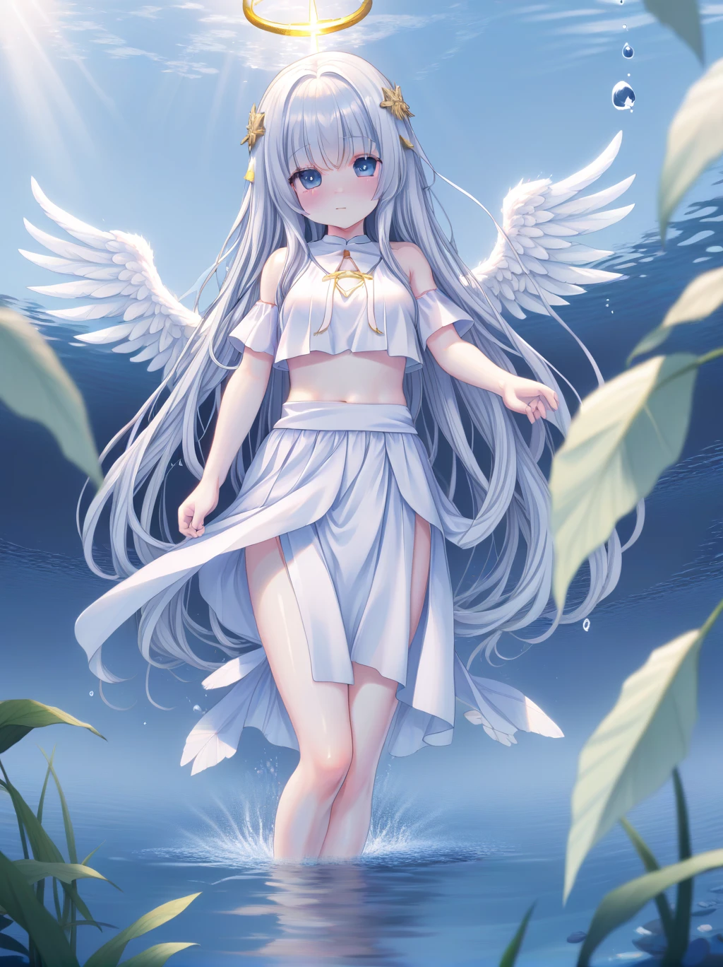 partially underwater, lakeの女神, Long Hair, Wet Hair,lake,、Flat Chest、skirt、Above the water line from the neck、Body in water, ,浮力でskirtがめくれる、Angel Halo、No text