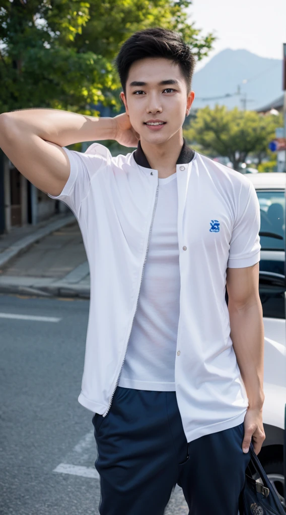 Masterpiece, best quality best, 1 young man, Asian man, East Asian people, one person, The muscles are in good proportion., Posing obscenely, short hair details， white teeth, jacket set, road background, Realistic style，photography，Can be seen from the front, see viewers