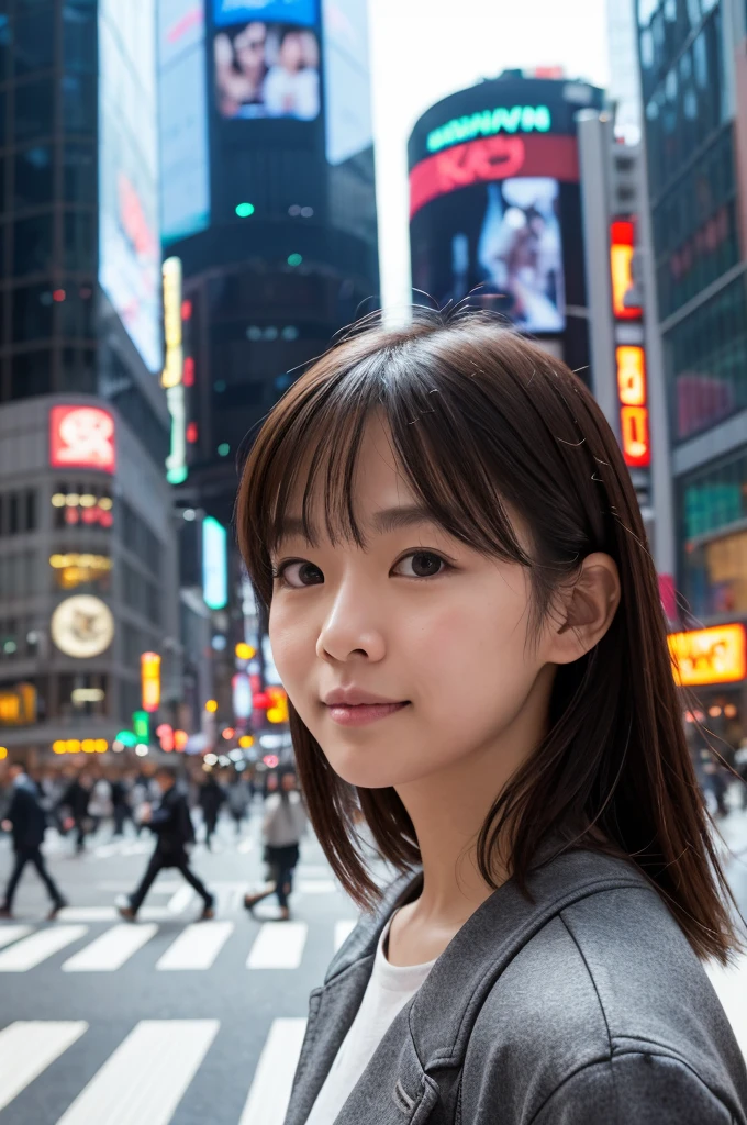 A portrait photo in Shibuya during the daytime. The background includes the famous Shibuya crossing with people and buildings. The lighting is bright and natural, highlighting the subject's face. The subject is positioned in the center of the frame with a blurred background to create a depth-of-field effect. The composition is balanced, with the subject looking directly at the camera.