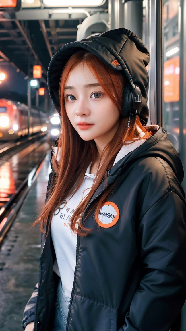 (masterpiece, sidelighting, ultra-detailed, finely detailed beautiful eyes: 1.2), 1girl, bag, building, from side, headphones, hood, hood down, hooded jacket, hoodie, jacket, long hair, orange hair, profile, red hair, solo, train, train interior, upper body, Masterpiece, best quality