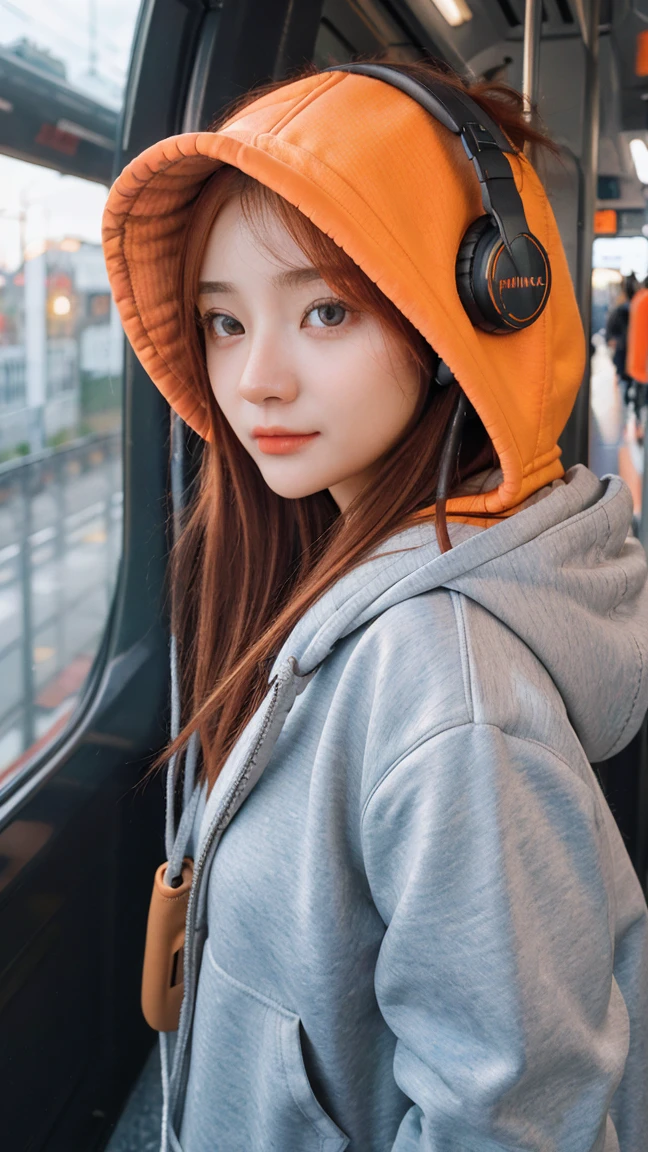 (masterpiece, sidelighting, ultra-detailed, finely detailed beautiful eyes: 1.2), 1girl, bag, building, from side, headphones, hood, hood down, hooded jacket, hoodie, jacket, long hair, orange hair, profile, red hair, solo, train, train interior, upper body, Masterpiece, best quality