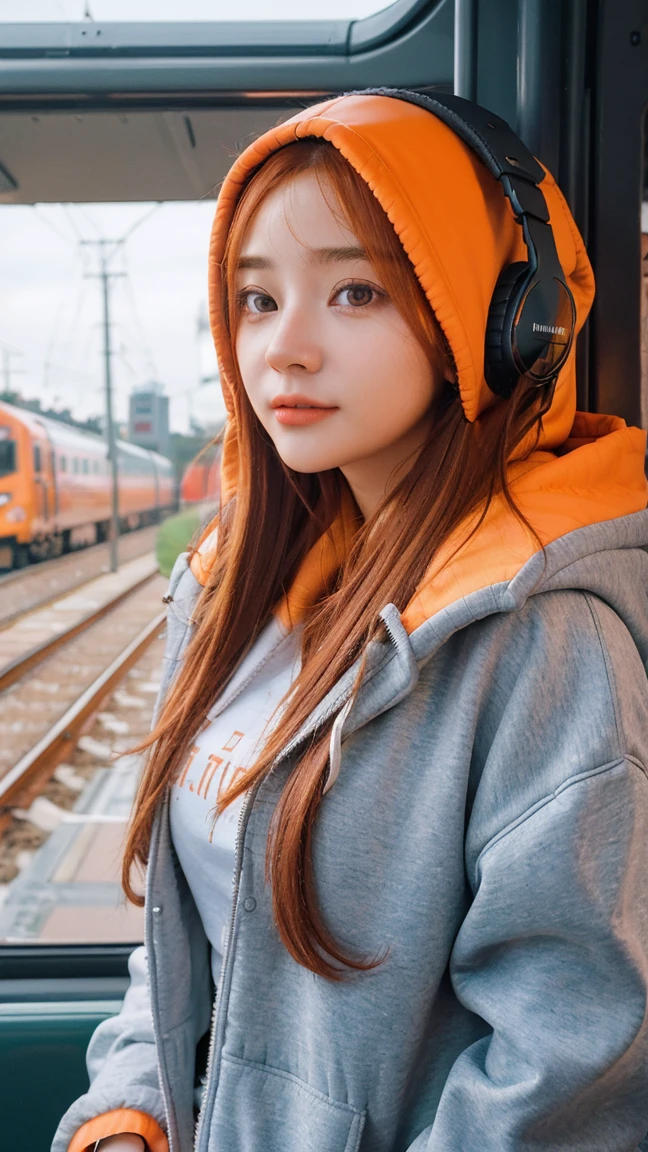 (masterpiece, sidelighting, ultra-detailed, finely detailed beautiful eyes: 1.2), 1girl, bag, building, from side, headphones, hood, hood down, hooded jacket, hoodie, jacket, long hair, orange hair, profile, red hair, solo, train, train interior, upper body, Masterpiece, best quality