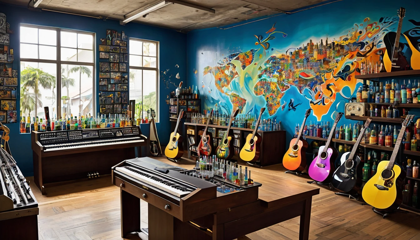 Masterpiece; Guitars and drums in a small science lab(((several science bottles around the room))); (guitars and musical keyboards inside science bottles) World map on the wall. sciencie complete with speakers and glass flasks of chemistry, embody the resilience and tenacity of the scientific community, infused with a bold graphic allure that enlivens the spirit of science. The design penetrates layers of depth, integrating the raw essence and vibrant cores of Rio de Janeiro culture. Brushstrokes that incorporate the fluid energy of graffiti on guitars and acoustic guitars weave around dynamic geometric shapes, adorning the laboratories with an evocative masterpiece that speaks to the heart of the intersection between two diverse worlds. Majestically rendered in high definition and vibrant color, every detail bursts with life, inviting viewers to marvel at the beauty that; by Salvador Dali