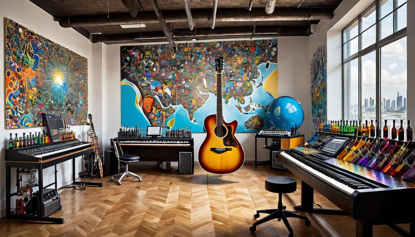 Masterpiece; Guitars and drums in a small science lab(((several science bottles around the room))); (guitars and musical keyboards inside science bottles) World map on the wall. sciencie complete with speakers and glass flasks of chemistry, embody the resilience and tenacity of the scientific community, infused with a bold graphic allure that enlivens the spirit of science. The design penetrates layers of depth, integrating the raw essence and vibrant cores of Rio de Janeiro culture. Brushstrokes that incorporate the fluid energy of graffiti on guitars and acoustic guitars weave around dynamic geometric shapes, adorning the laboratories with an evocative masterpiece that speaks to the heart of the intersection between two diverse worlds. Majestically rendered in high definition and vibrant color, every detail bursts with life, inviting viewers to marvel at the beauty that; by Salvador Dali