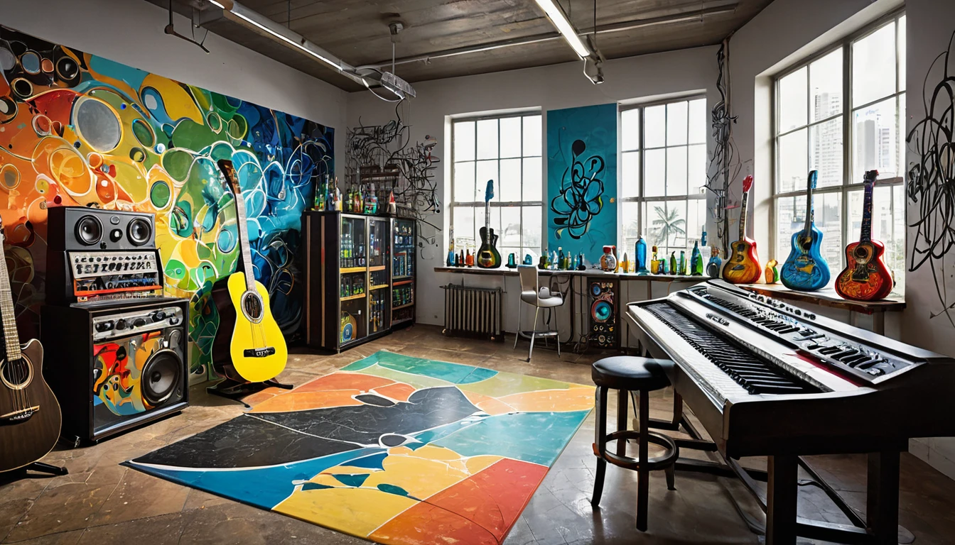 Masterpiece; Guitars and drums in a small science lab(((several science bottles around the room))); (guitars and musical keyboards inside science bottles) World map on the wall. sciencie complete with speakers and glass flasks of chemistry, embody the resilience and tenacity of the scientific community, infused with a bold graphic allure that enlivens the spirit of science. The design penetrates layers of depth, integrating the raw essence and vibrant cores of Rio de Janeiro culture. Brushstrokes that incorporate the fluid energy of graffiti on guitars and acoustic guitars weave around dynamic geometric shapes, adorning the laboratories with an evocative masterpiece that speaks to the heart of the intersection between two diverse worlds. Majestically rendered in high definition and vibrant color, every detail bursts with life, inviting viewers to marvel at the beauty that; by Salvador Dali