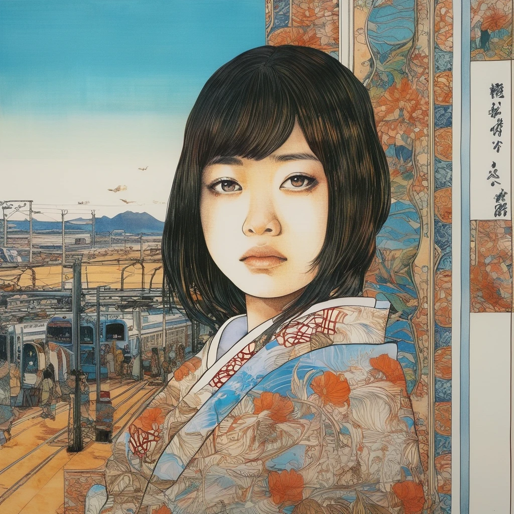 artwork:Katsuya Terada Girl in a Yukata、8K, High resolution, A complex and intricate masterpiece, (Summer vacation:1.2)、Beautiful Face、transparent, Glowing black eyes, Blue eyeball, Medium Shot, Brown Hair, Organic Shapes, Hard Edge, Anatomically correct body,  Ultra-realistic, Kanna Hashimotoエレガント,Cinema Lighting, Very detailed, Vibrant colors, Octane Rendered Cat, Surreal atmosphere, Award-winning works, Bright and rich colors, iridescent accents, Dramatic Shadows,Dynamic and atmospheric lighting, Anamorphic Lens, Sharp focus, 
An intricate and detailed masterpiece by Katsuya Terada, Katsuya Terada Style, Pop Surrealism, watercolor , JNR205, train interior, scenery, seat, indoors, vanishing point, window, door, posters (object), realistic, Kanna Hashimoto, Pop surrealism