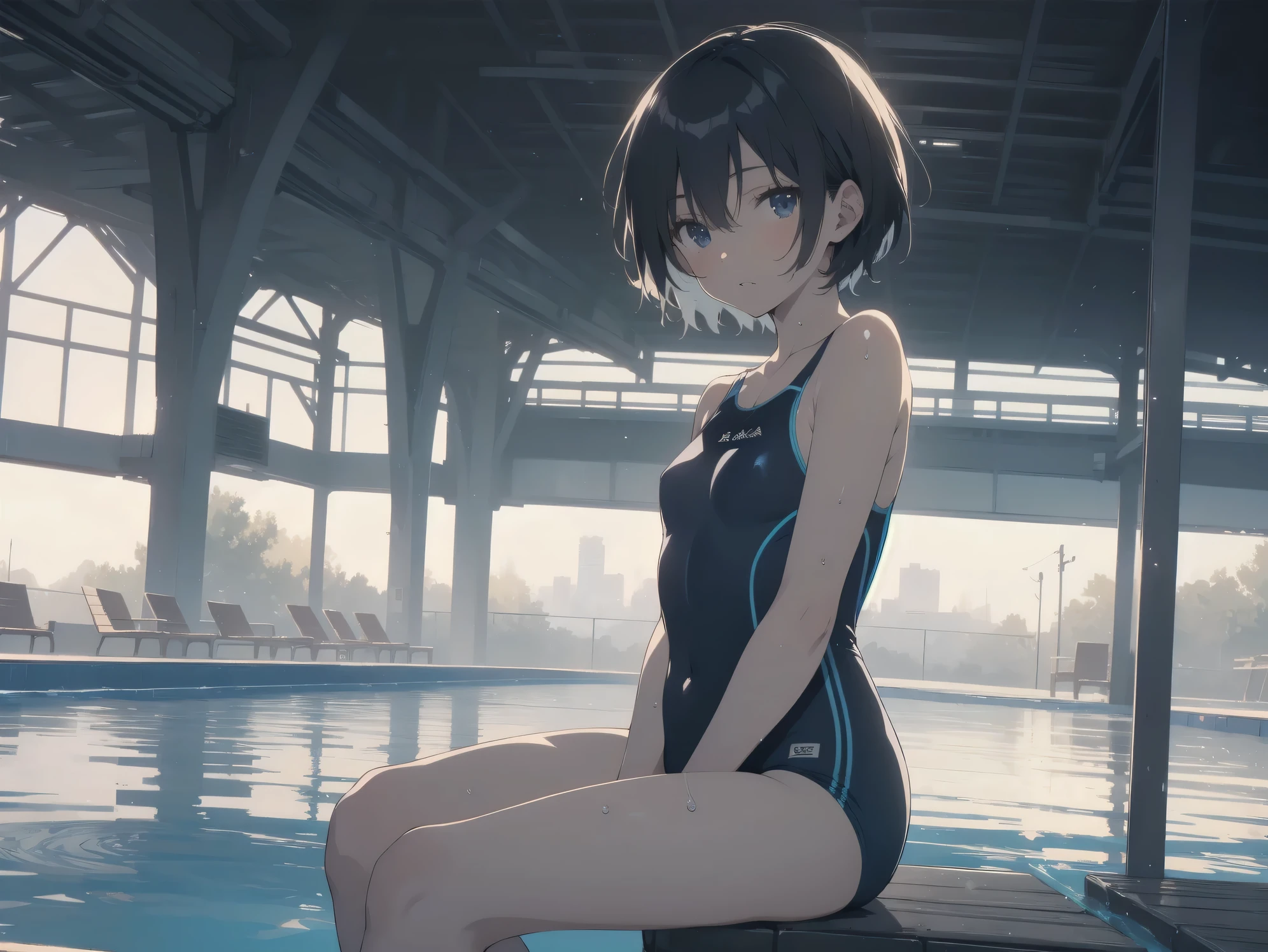 ultra-Top-quality by art God, ultra-detailed, high resolution, shinkai makoto style, anime moe artstyle, best anime 8k konachan wallpaper, pixiv contest winner, perfect anatomy, break,(Please draw a picture of a girl in a swimsuit sitting on a bench by the poolside alone.),break, a hyperrealistic school girl, parted lips, (Solo,lolita, , 13-ar-1.3),l limbs, complete fingers, androgynous charm, very short hair, wet hair, small breasts,slender body, Small butt, groin, Small black eyes,hanme,beautiful detailed eyes, well-proportioned iris and pupils, sleepily, highres detailed hair, swimsuit, wet swimsuit, bare shoulders, thighs,  in the school pool. break,super detailed skin, shiny skin, Best lighting powered by famous artist, 8k, illustration,UHD, textured skin,break,((artist:toosaka_asagi )), artist:clamp ,artist:carnelian ,artist:kantoku ,