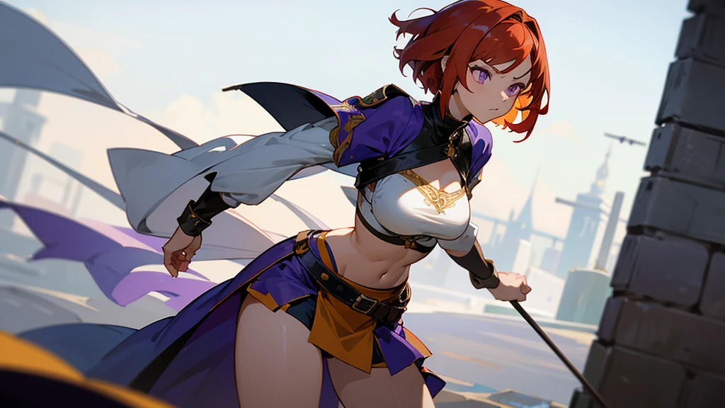 Anime style. She is a warrior and looks aggressive. She stands calm in a fight pose. Her hair are very short. A young woman with very short, bob cut, slightly wavy red hair and captivating purple eyes, depicted in a detailed anime style. She has a slim, athletic build and an alluring, slightly shy expression. She is dressed in revealing, medieval-inspired attire designed to emphasize her erotic appeal. Her medieval outfit consists of a loosely fitted, open-front shirt that exposes her midriff and has a deep neckline, paired with a very short skirt made of light, flowing fabric. The clothing is minimally protective, highlighting her figure and curves. Medieval open clothes. She has strong athletic body with six pack.