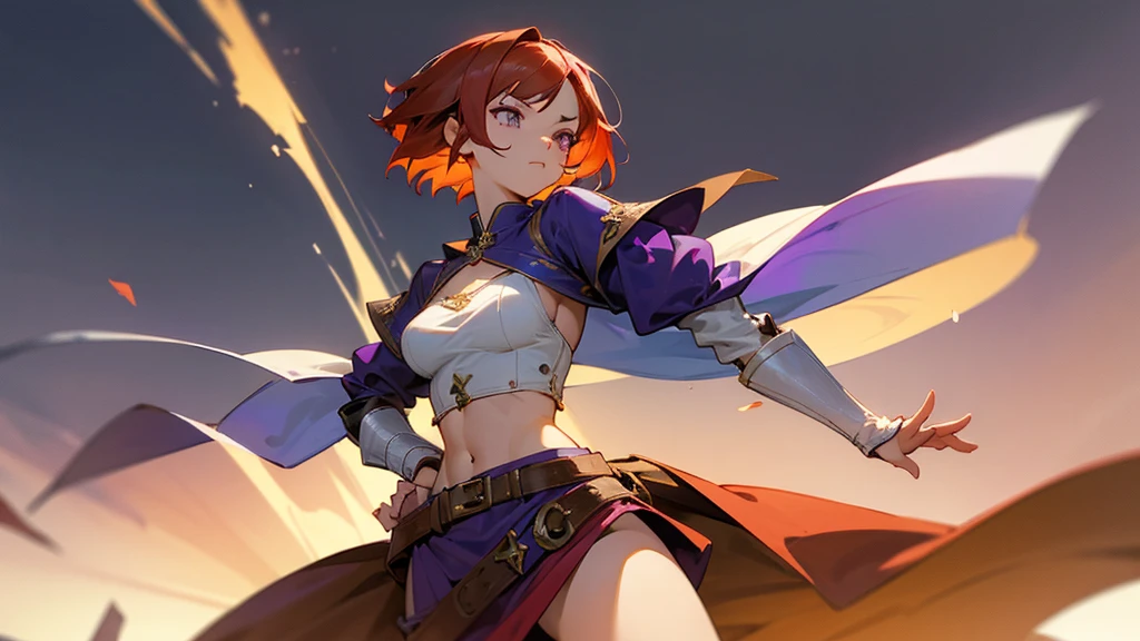 Anime style. She is a warrior and looks aggressive. She stands calm in a fight pose. Her hair are very short. A young woman with very short, bob cut, slightly wavy red hair and captivating purple eyes, depicted in a detailed anime style. She has a slim, athletic build and an alluring, slightly shy expression. She is dressed in revealing, medieval-inspired attire designed to emphasize her erotic appeal. Her medieval outfit consists of a loosely fitted, open-front shirt that exposes her midriff and has a deep neckline, paired with a very short skirt made of light, flowing fabric. The clothing is minimally protective, highlighting her figure and curves. Medieval open clothes. She has strong athletic body with six pack.