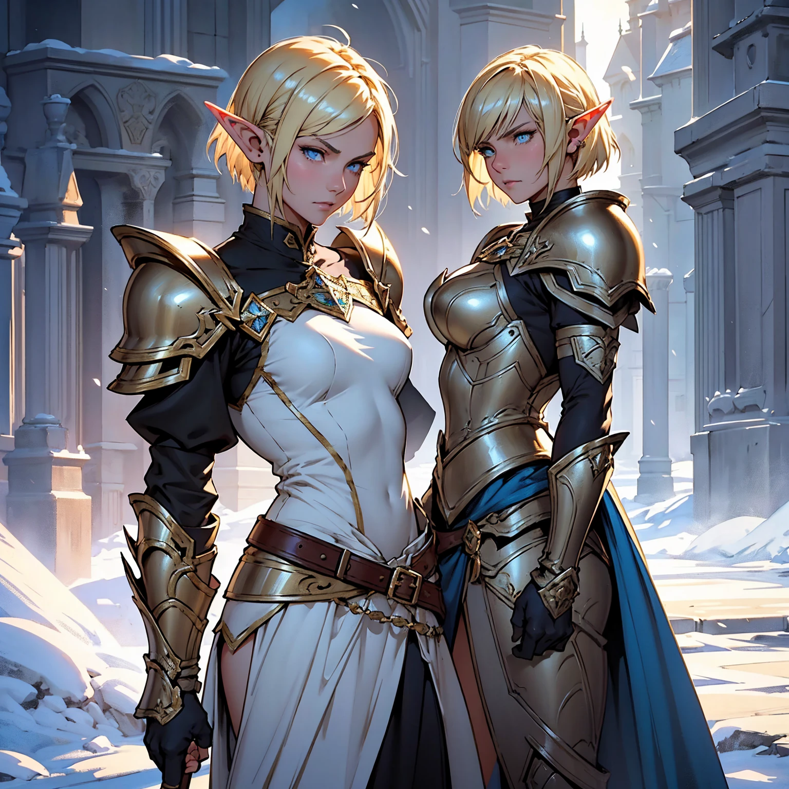 1girl!!!, elf, short bob hair, gold hair, very small breasts, long pointed ears, blue eyes, fair skin, serious face, full white heavy armor, big sword on the back, full body, night, medieval castle, very sexy body, detailed face, highly detailed, 8k, best quality, masterpiece, vibrant colors, digital art, concept art