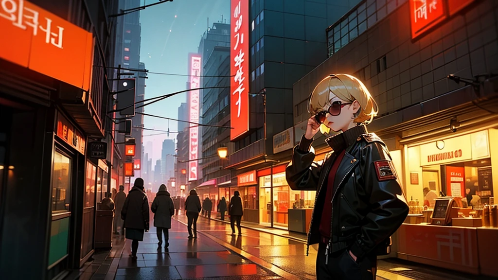 Beautiful Korean Women、Ash Blonde Hair, headphone, He is wearing a leather jacket and red sunglasses., The city behind her, In the style of neon realism, Charming character, action, Gadget Punk, solapunk, Colorful street scene, Crimson and amber, Neon Black, Soft lighting, night, nighttime, Realistic, red lighting, Green Lighting, Hard Shadows, masterpiece, highest quality, complicated, Model shooting style, Vintage, Film Grain, Incomplete details