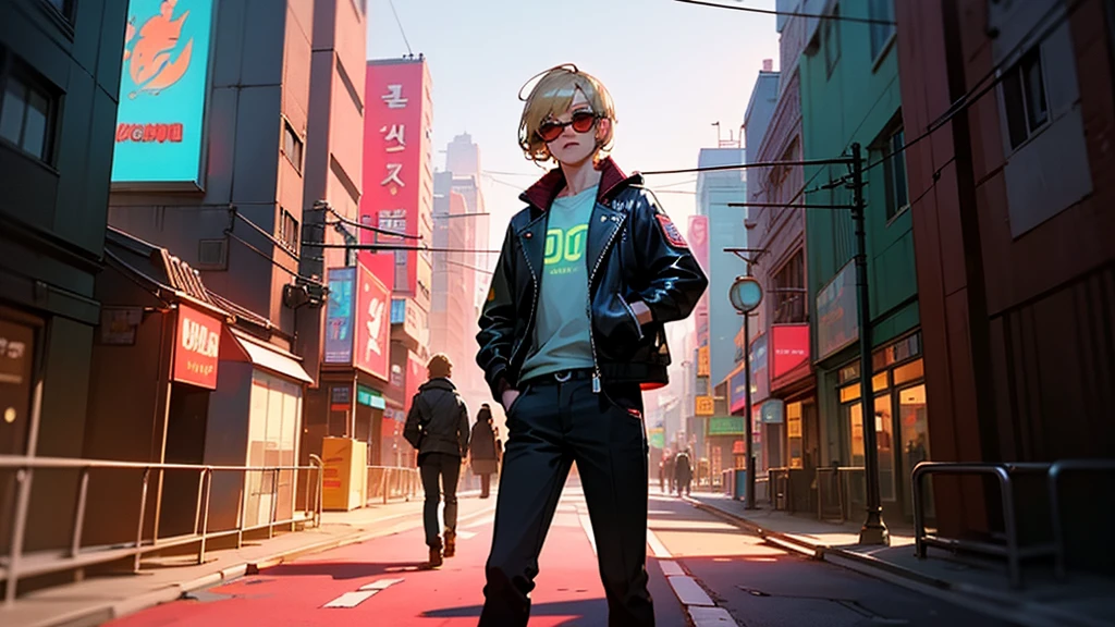 Beautiful Korean Women、Ash Blonde Hair, headphone, He is wearing a leather jacket and red sunglasses., The city behind her, In the style of neon realism, Charming character, action, Gadget Punk, solapunk, Colorful street scene, Crimson and amber, Neon Black, Soft lighting, night, nighttime, Realistic, red lighting, Green Lighting, Hard Shadows, masterpiece, highest quality, complicated, Model shooting style, Vintage, Film Grain, Incomplete details