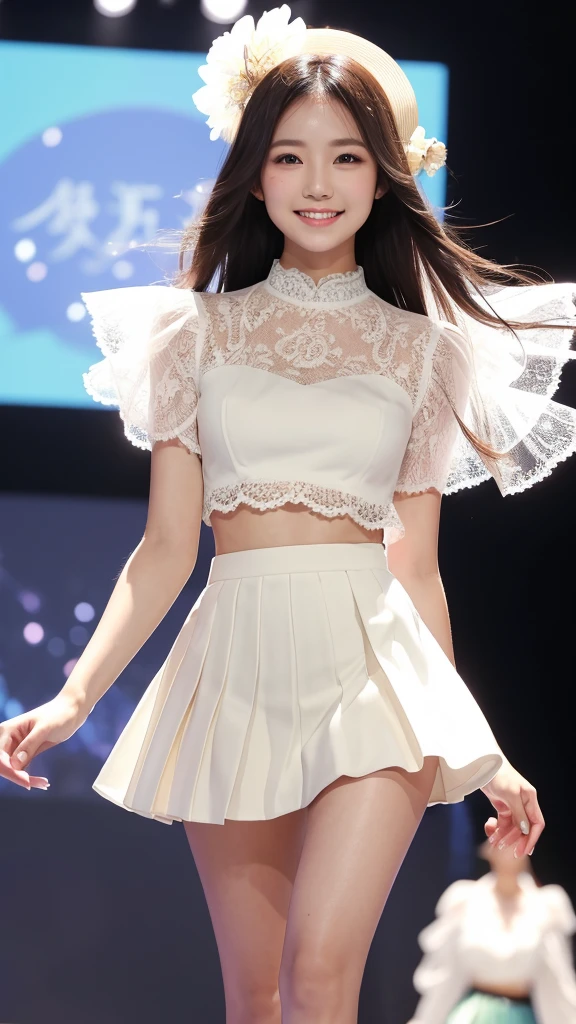 Amazingly large eyes、Smiling expression with white teeth visible、H cup bust、50cm waist、Slender and fair-skinned、Japan woman with long hair、20-year-old、Slim figure、Wearing a pleated skirt and a sheer lace blouse that flutters in the vivid breeze、Wearing high heels。On the runway at a fashion show、Her whole body was shown, from her high heels to her head, as she walked towards the viewer.、Bright, photo-quality images。