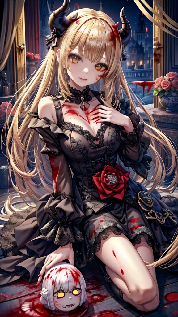 Delicate features,disaster々new devil horns,Frowning, 狂気の笑face, 最上級の笑face, Eyelids very wide open, Crazy Smile, mouth very wide open, Mouth open and teeth bared, wide lips, Very wide mouth, Frowning, Vermilion-tinted cheeks, Blonde Hair, Princess Cut, Ribbon hair ornament, brooch, Shiny candy blue dress, Gold embroidery,Lolita Style, Gothic style, Facing the audience, Otaku Room, Well-built body, Nice body, Ample breasts, Fleshy body,With eyes wide open、Scary atmosphere、Distorted facial expressions、ねじれた笑face、Bloody、Bleeding from the head、Blood splatter、whole body、Long Hair、Long bangs、（（（Dark circles under the eyes）））、Pale skin、Feeling unwell、Pathological、邪悪な笑face、Crazy Eyes、（Grin）Dramatic makeup，Create mixed media art、Full body depiction on screen,whole body図,Well-built,Nice body,Shoulders wider,focus on,(face),Messy Hair,Yellow Eyes,(Glowing Eyes),(Blood splatter:1.6),Red light,笑face,big 笑face,tooth,psycho 笑face,gesugao,Dark city background,darkness,night,(close),Good Eyes, good teeth,サディスティックな笑face,,all,Shiny skin,詳細なface,Beautiful body,アwhole body油まみれで光沢感がある　whole bodyから湯気が出ている　Steam like a sauna room fills the entire screen.　White breath from the mouth