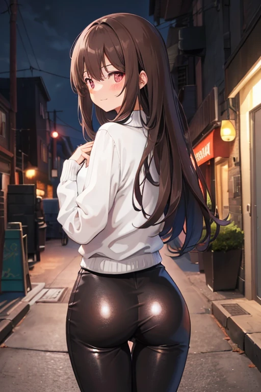 Colossal ,Black underwear,Brown hair,length hair,top-quality,Blushing cheeks,Cunning smile,Color gimmicks,Back alley,Red Light District at Night,Black sweater,Talk face to face,Put your hands on your chest,Half of your ass is exposed,((White transparent yoga pants)),Take off your pants,(((Half of your ass is exposed))),Break open the butt groove,Brown eyes
