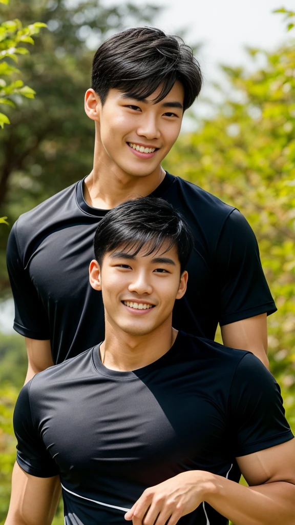 (As a matter of fact, Masterpiece, 8k HD, good light quality, sportswear, fit the face, complicated details), A handsome, muscular young Korean man. , 20 years old, be happy, smile brightly, detailed face, delicate eyes, มองดูsky, Wear a navy tight T-shirt.:1.6, period, black eyes, Black hair color, ผมsmooth, smooth, outdoor sports, Along the garden, Sunny,sky,Surreal,Awesome details,Highest quality,real,Open your mouth to talk. , Close your eyes.