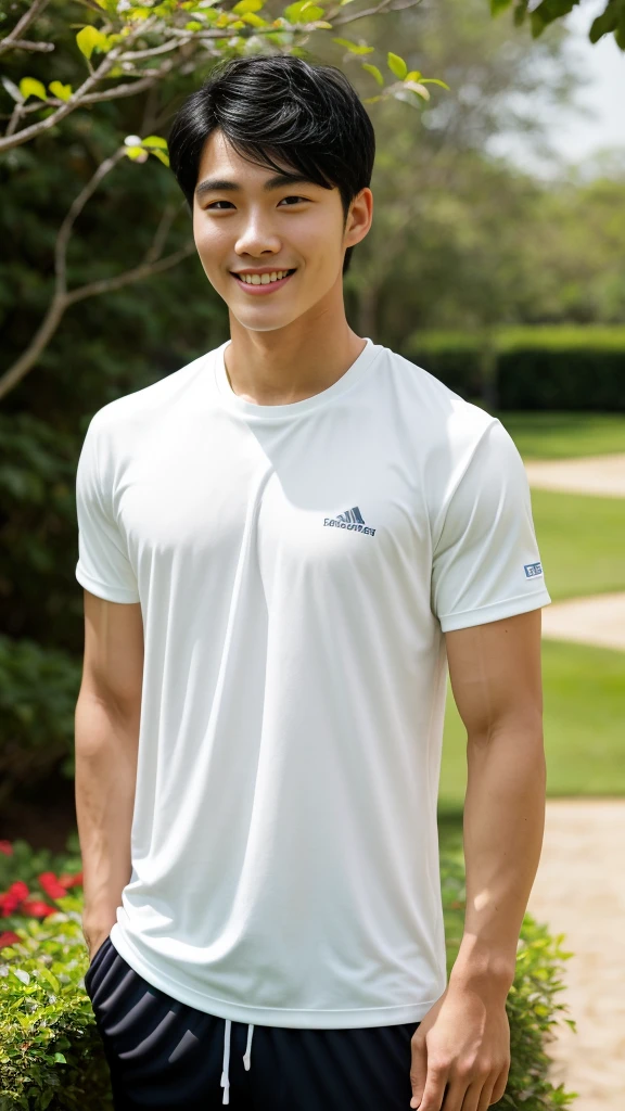 (As a matter of fact, Masterpiece, 8k HD, good light quality, sportswear, fit the face, complicated details), A handsome, muscular young Korean man. , 20 years old, be happy, smile brightly, detailed face, delicate eyes, มองดูsky, Wear a navy tight T-shirt.:1.6, period, black eyes, Black hair color, ผมsmooth, smooth, outdoor sports, Along the garden, Sunny,sky，Surreal，Awesome details，Highest quality，real，Open your mouth to talk. , Close your eyes.