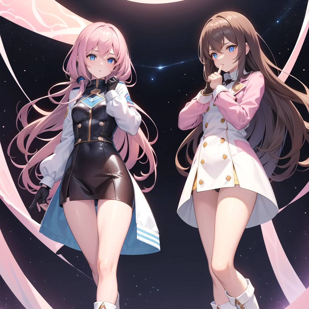A women, long brown hair [Wavy hair at the end of the hair,], blue eyes [bright pupils 1.5] break 
White shirt[with white shirt collar], Pink coquette jacket[Zipped up half way], Space blue short, Black gloves[short gloves,cover only the wrist and middle finger], Black tights, White legs warm,Blown boots [Short]. Break 


