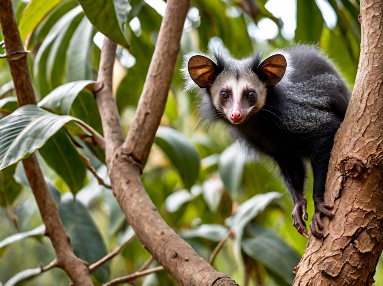 Aye-aye (Daubentonia madagascariensis) on a tree ,outdoors, realistic scenery. very wide shot, landscape, film, professional, 4k