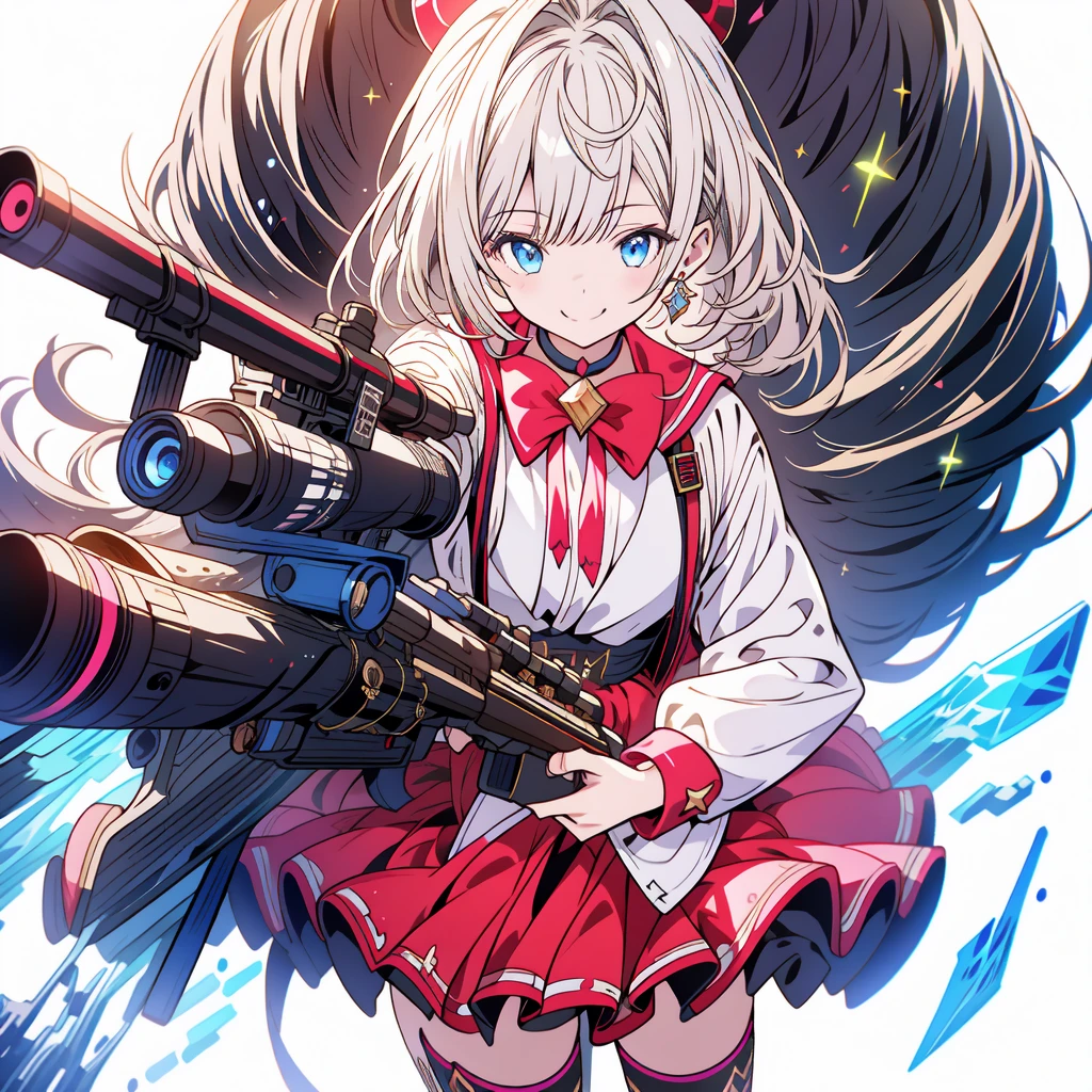 One girl、[17277fbe68],threatened hideo、smile、high quality、Maximum details、(((最high quality、masterpiece、Official Art、Best dynamic composition)))、(Thin Hair)、(Tabletop, 最high quality), Very detailed, Anime Style, whole body, Cyberpunk Girl, Gripping a high-tech rifle, Milky hair, Sparkling blue eyes, Wearing a magical girl costume , 8K high resolution, Trend Art Station, White Background, Standing in the Wilderness, whole body,