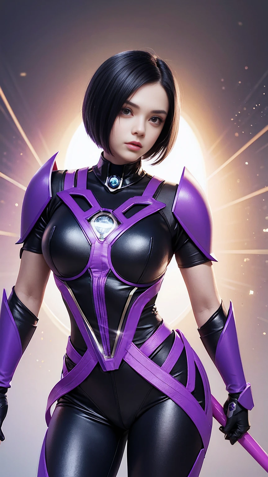 Raven from titans as a power ranger, power ranger costume, holding power rangers helmet, short hair, hair tips purple