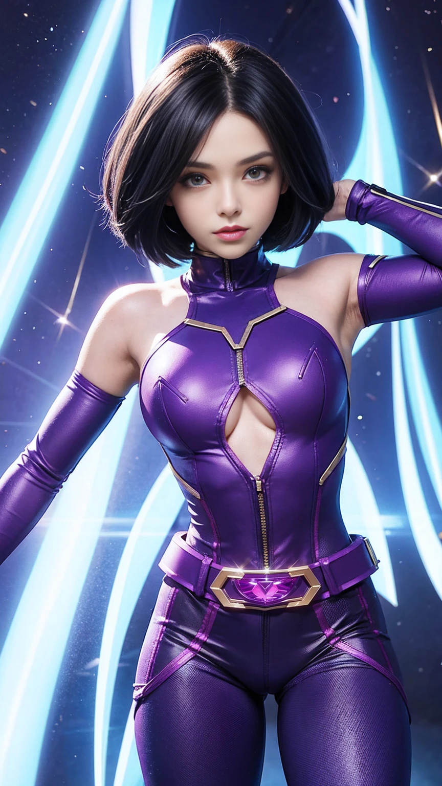 Raven from titans as a power ranger, power ranger costume, holding power rangers helmet, short hair, hair tips purple