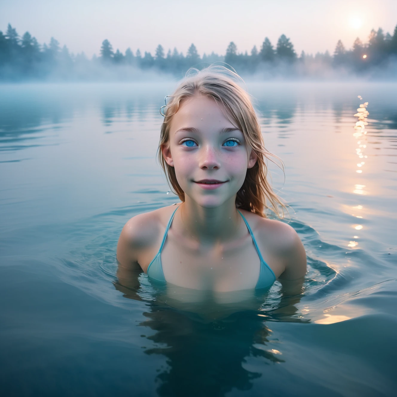 dslr photo, a 20 yo nordic girl swimming on a mystic lake,  looking at camera, delicate light azure eyes,  nightime,  ethereal , whymsical, eerie fog